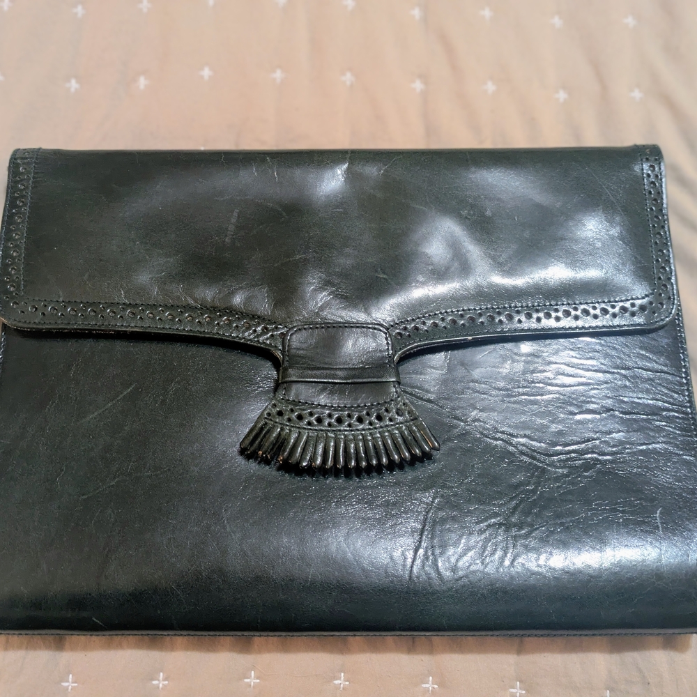 Perry Ellis Dark Leather Clutch with Tassel Detail